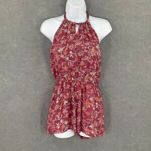 Angie‎ Floral Halter Romper Sz M Maroon Orange Paisley Print Beach Festival